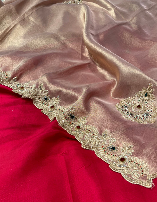 ROSE GOLD COLOR TISSUE SAREE EMBELLISHED WITH CUTDANA, SEQUINS & PEARLS WORK PAIRED WITH CONTRAST BLOUSE