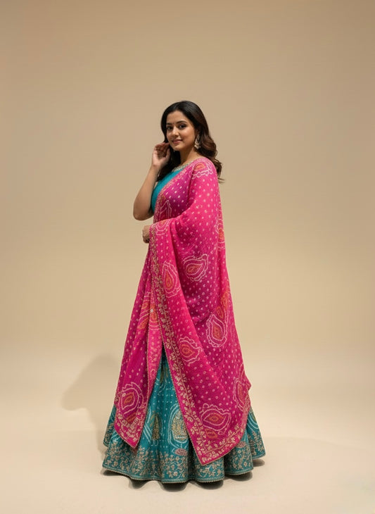 TEAL AND FUCHSIA COLOUR PURE GEORGETTE OJARIYA LEHENGA WITH GOTA PATTI WORK