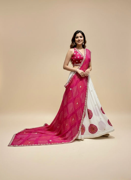 WHITE & RANI PINK GEORGETTE OJARIYA LEHENGA EMBELLISHED WITH GOTA PATTI WORK