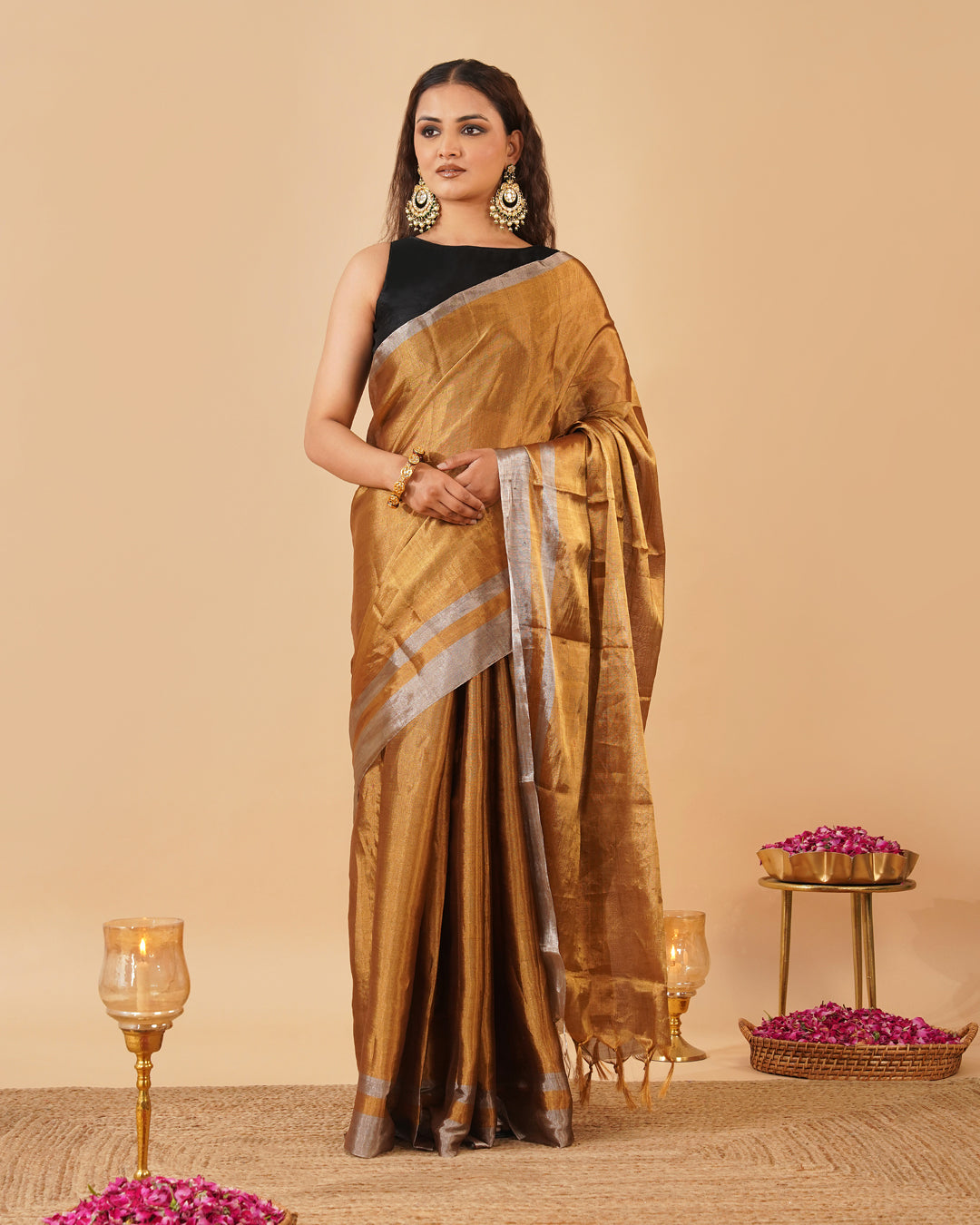 ANTIQUE GOLDEN CHANDERI SAREE WITH SILVER BORDER