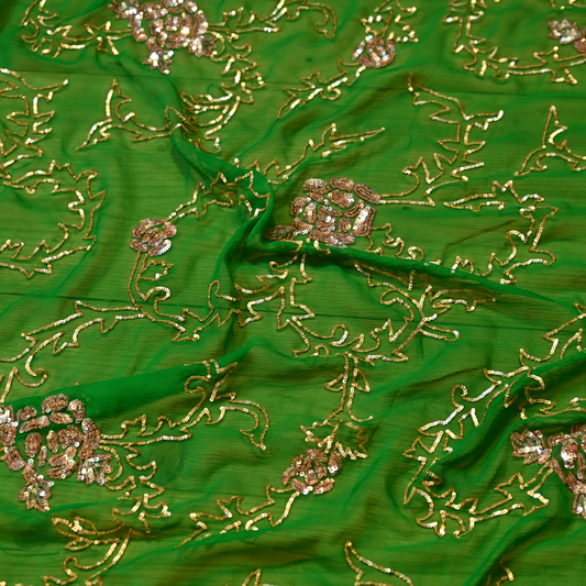 (DELIVERY IN 30 DAYS) GREEN PURE PLATINUM CHIFFON SAREE WITH GOLDEN SEQUINS JAAL WORK