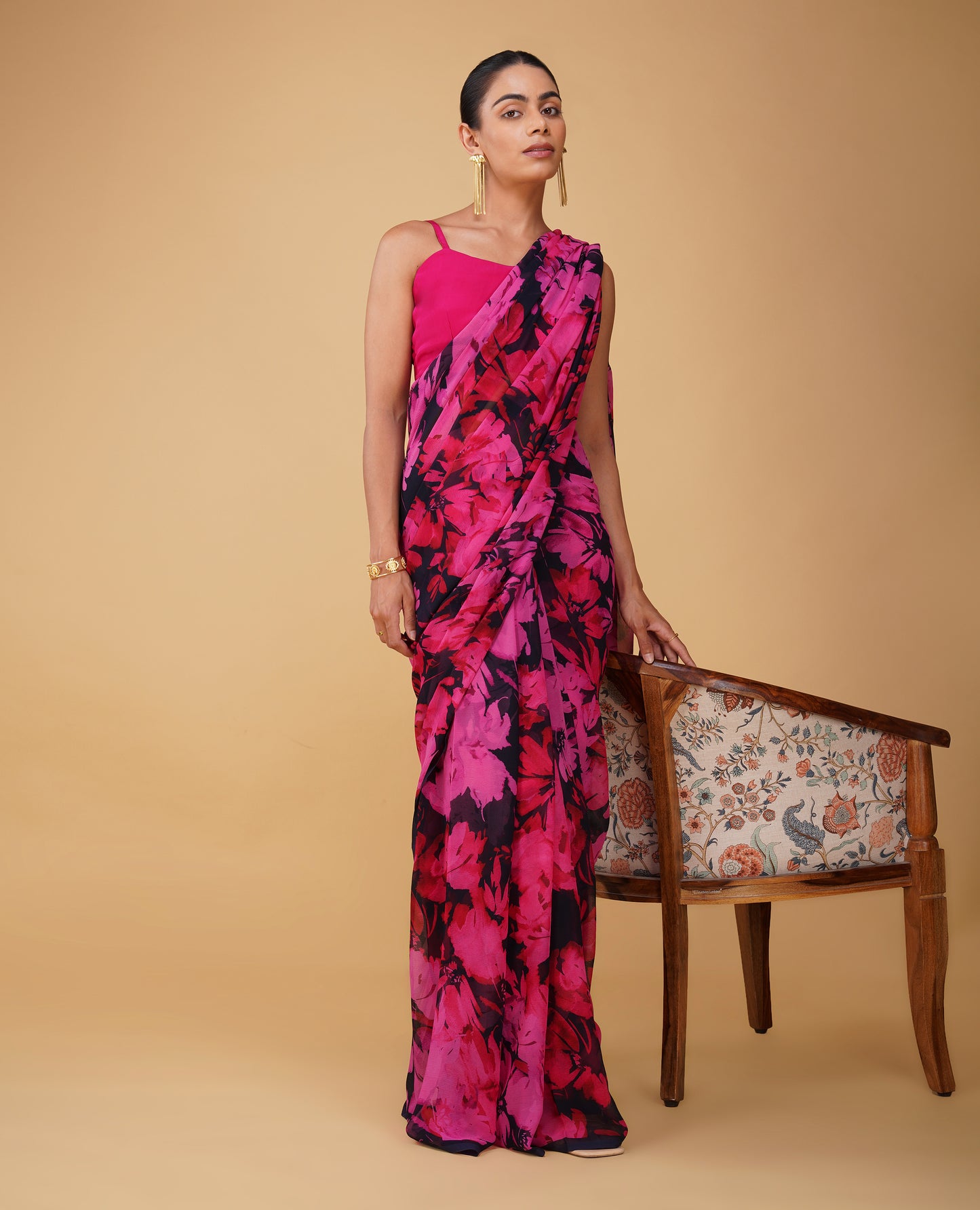 NAVY BLUE PURE PLATINUM CHIFFON PRINTED SAREE WITH HOT PINK PRINT & SELF-PRINTED BLOUSE