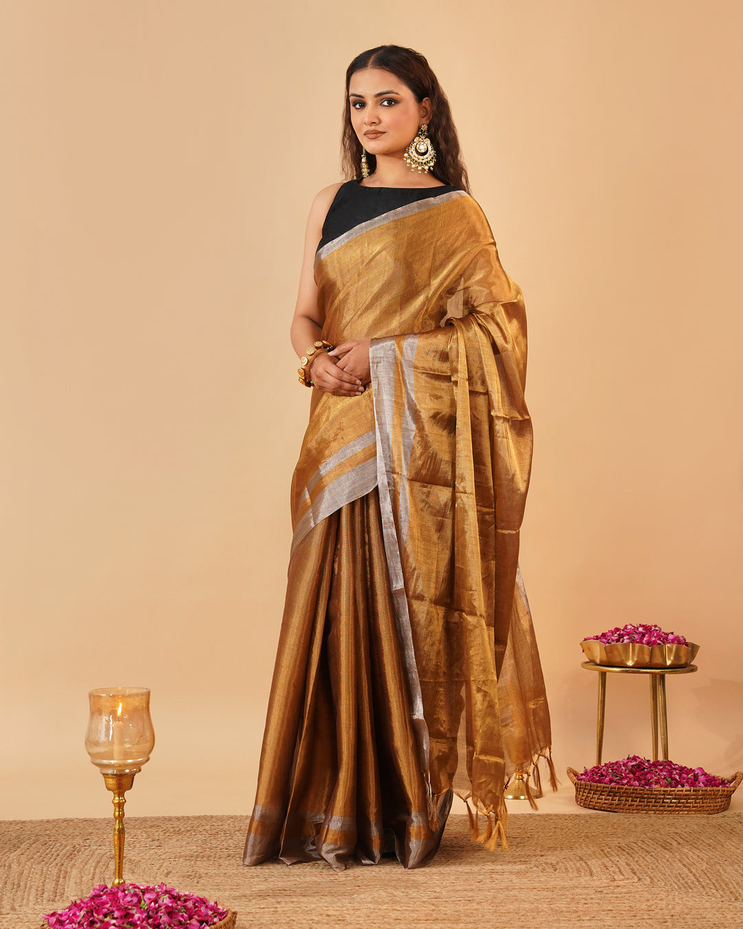 ANTIQUE GOLDEN CHANDERI SAREE WITH SILVER BORDER