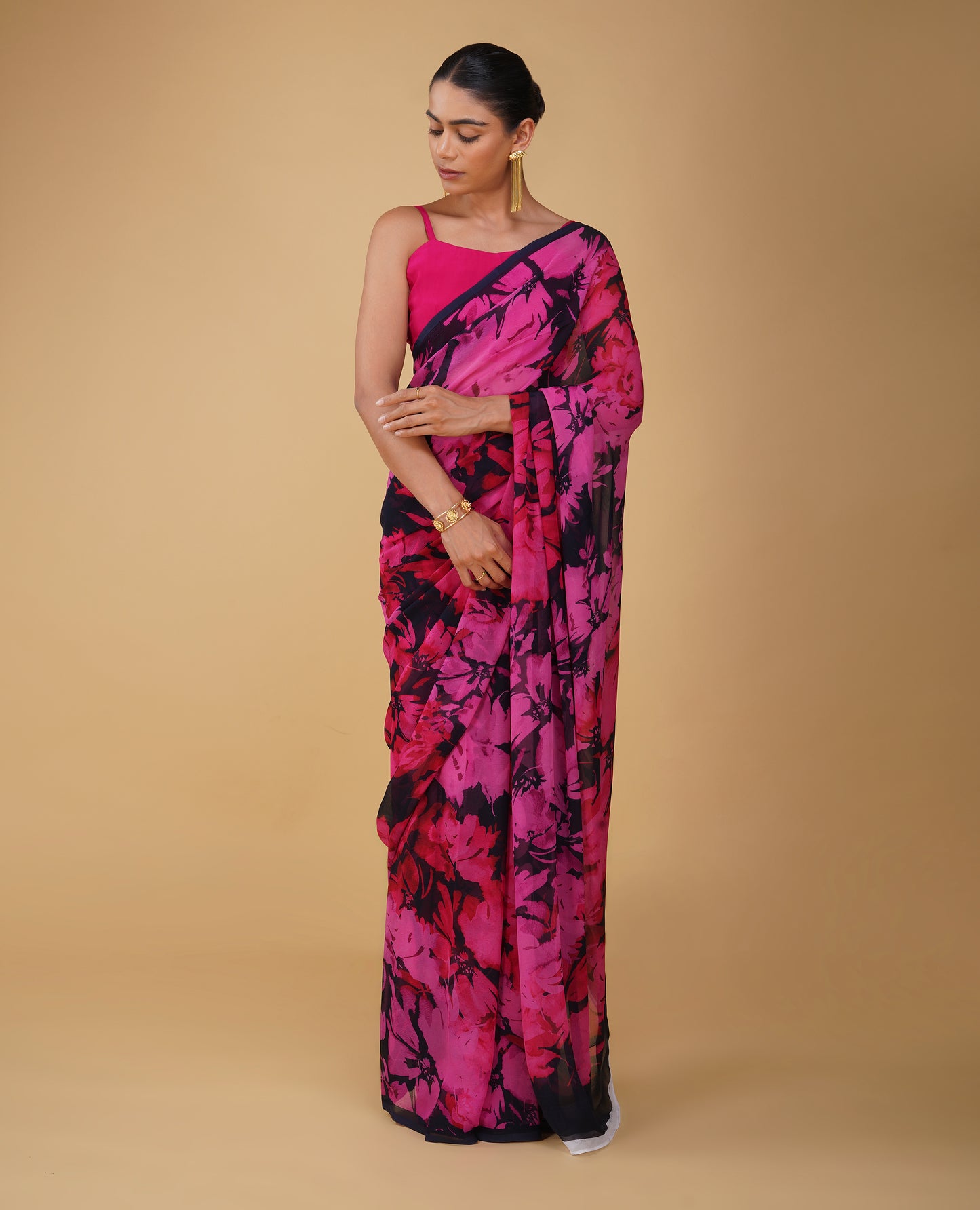 NAVY BLUE PURE PLATINUM CHIFFON PRINTED SAREE WITH HOT PINK PRINT & SELF-PRINTED BLOUSE (DELIVERY IN 15-20 DAYS)