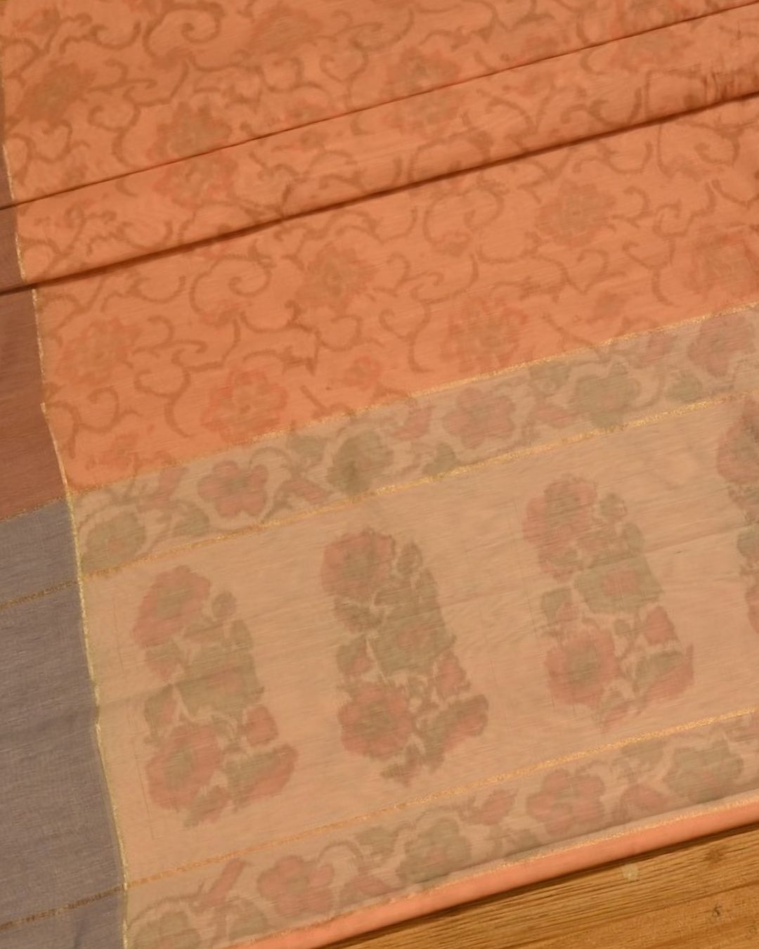 PEACH PINK COLOUR POWERLOOM CHANDERI SAREE WITH IKAT WEAVE PATTERN AND CONTRAST BORDER
