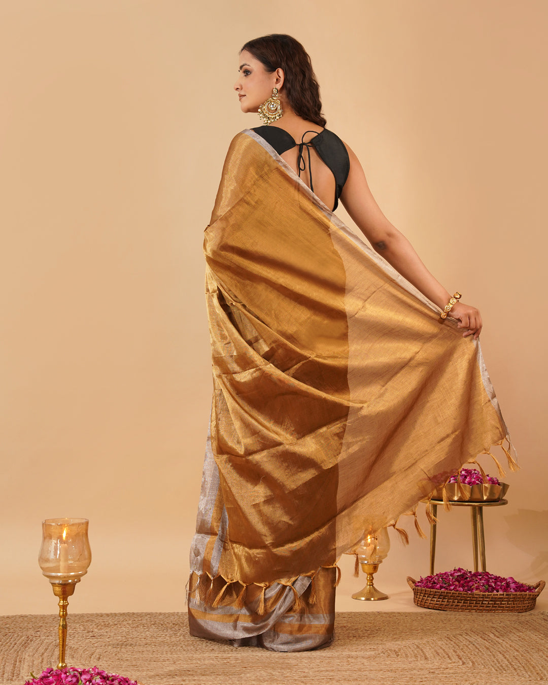 ANTIQUE GOLDEN CHANDERI SAREE WITH SILVER BORDER