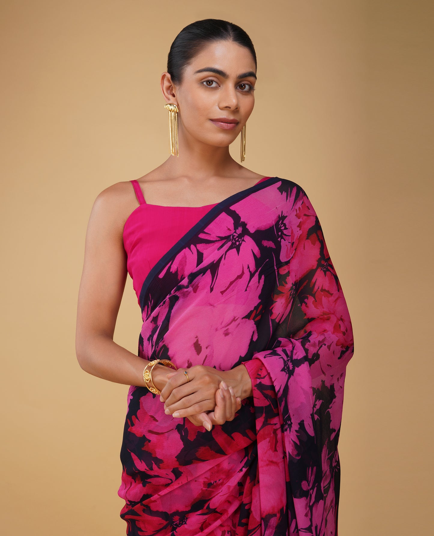 NAVY BLUE PURE PLATINUM CHIFFON PRINTED SAREE WITH HOT PINK PRINT & SELF-PRINTED BLOUSE