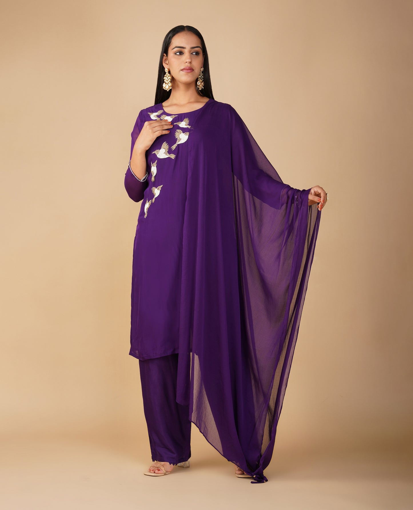 (DELIVERY TIME 20 DAYS) PURPLE ORGANZA READYMADE SUIT WITH AARI, CUTDANA AND PEARL EMBROIDERED BIRD MOTIFS PAIRED WITH DUPATTA & PANTS