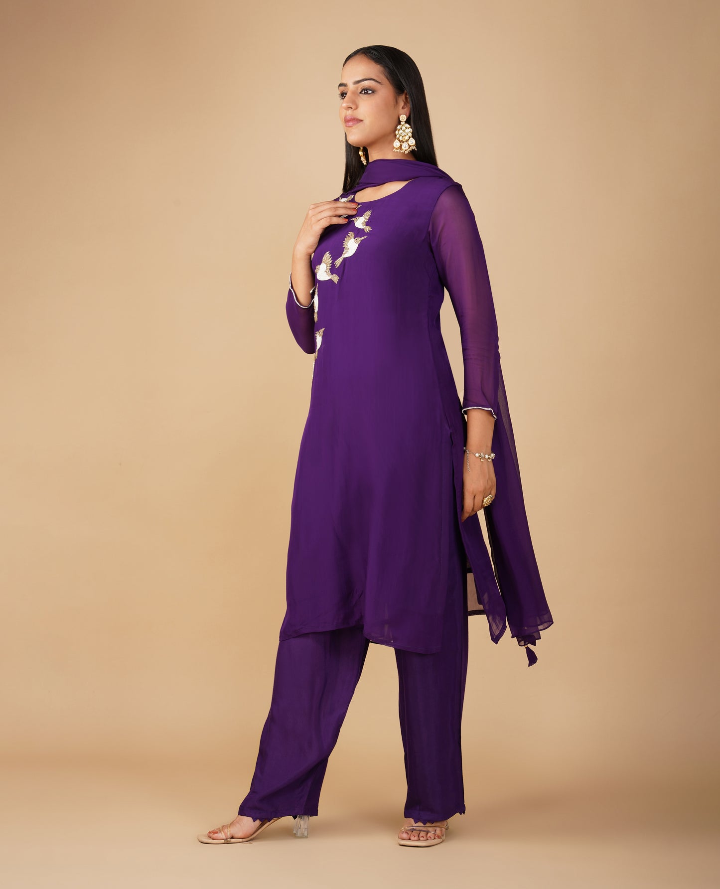 (DELIVERY TIME 20 DAYS) PURPLE ORGANZA READYMADE SUIT WITH AARI, CUTDANA AND PEARL EMBROIDERED BIRD MOTIFS PAIRED WITH DUPATTA & PANTS