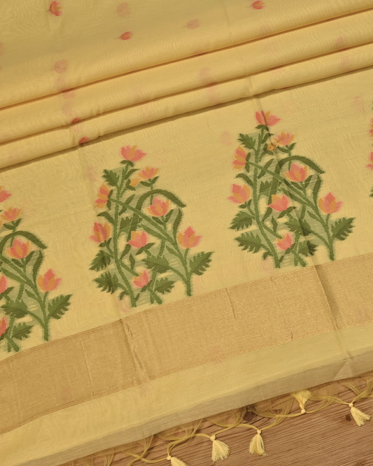 PASTEL YELLOW COLOUR JAMDANI DHAKAI COTTON SAREE WITH ZARI BORDER
