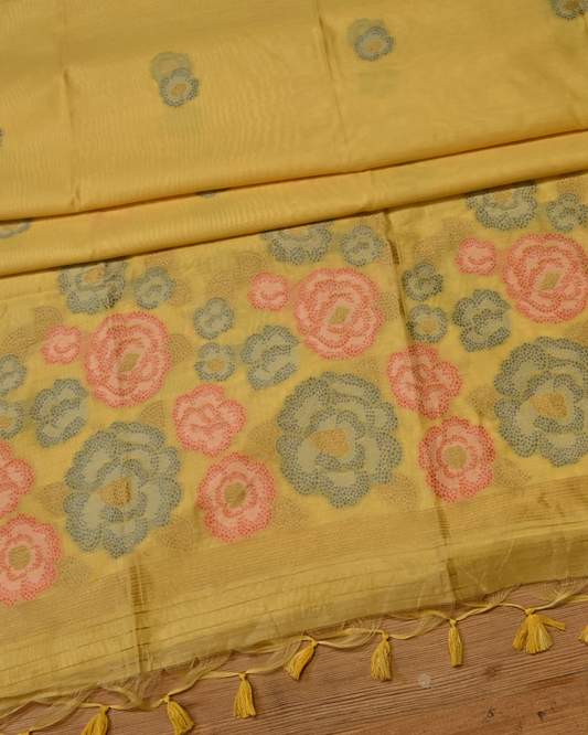 WARM YELLOW COLOUR JAMDANI DHAKAI COTTON SAREE WITH ZARI BORDER