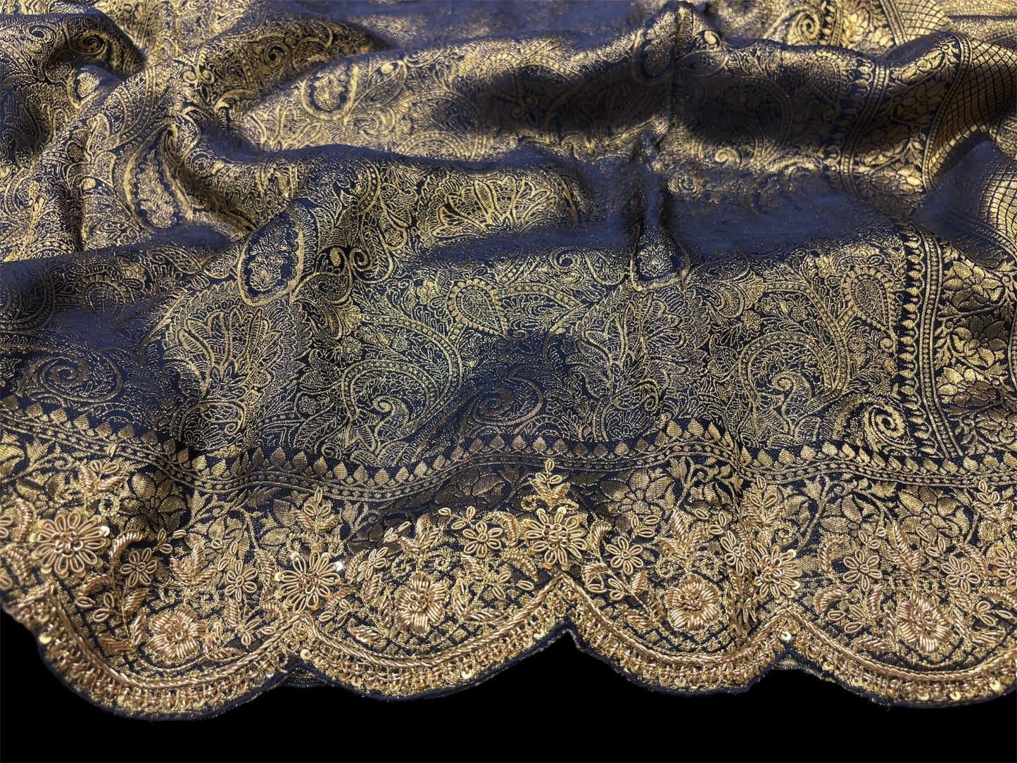 NAVY BLUE MYSORE GEORGETTE JACQUARD TISSUE SAREE WITH ZARDOZI EMBROIDERY