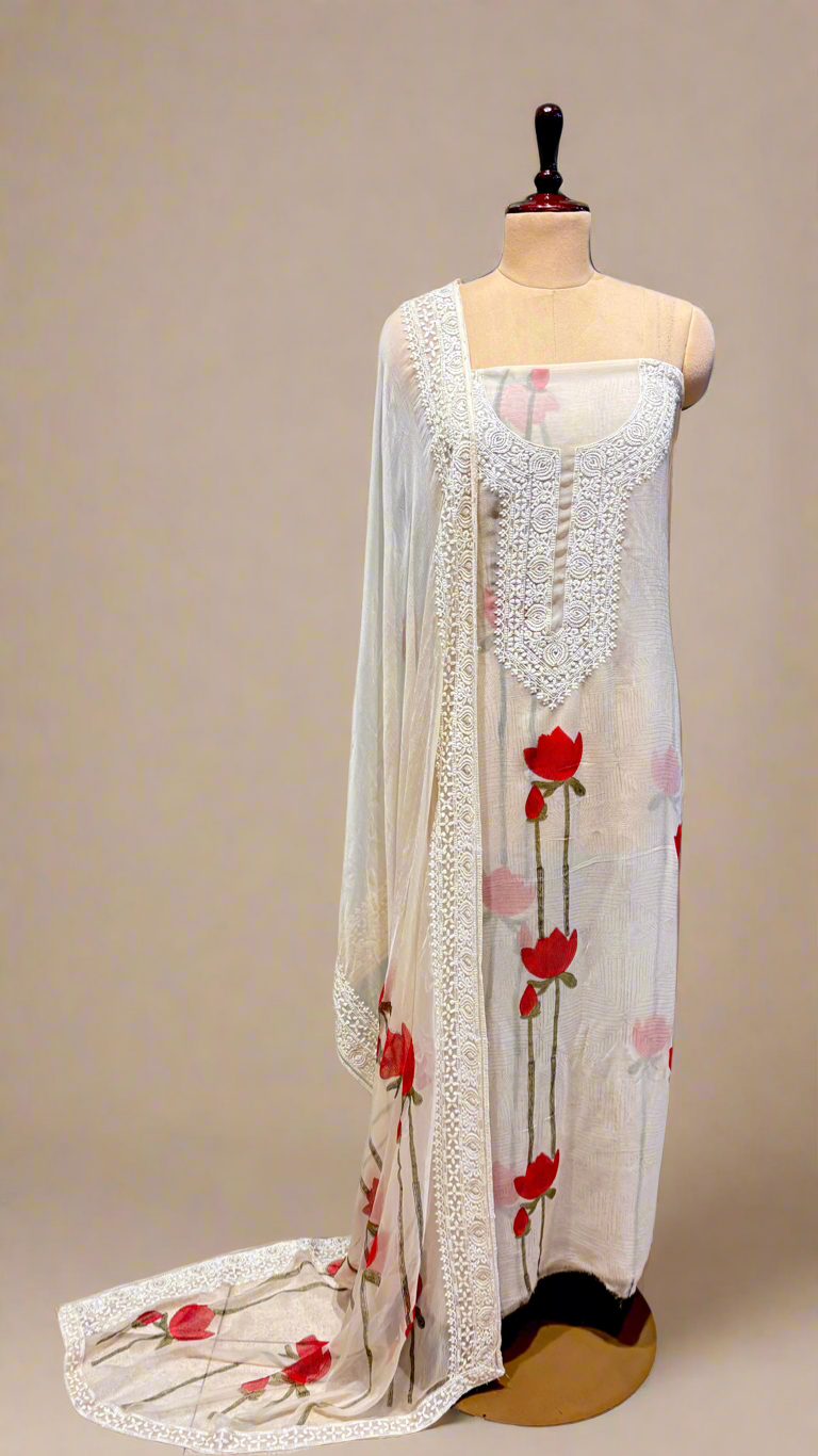 IVORY GEORGETTE SELF-RESHAM EMBROIDERED UNSTITCHED SUIT WITH RED LOTUS PRINT