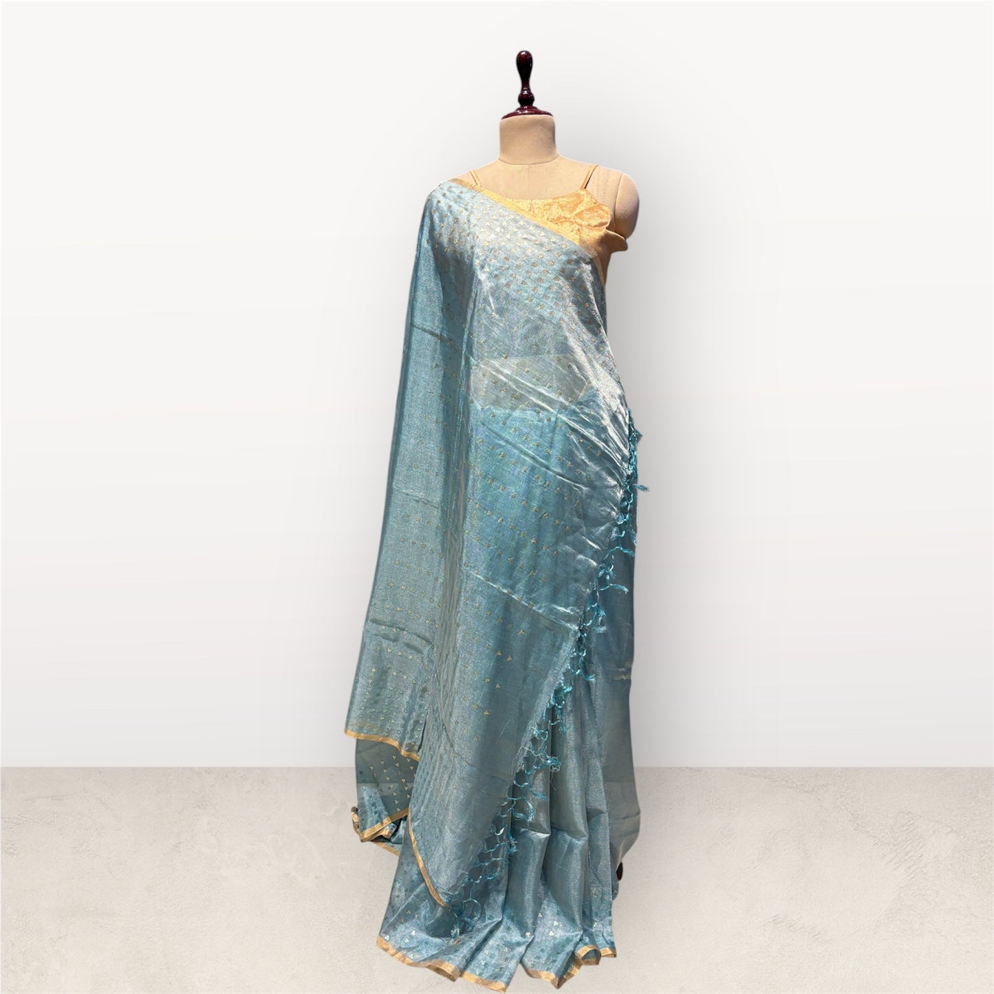AQUA COLOUR SOFT TISSUE SAREE WITH SEQUINS IN THE WEAVE