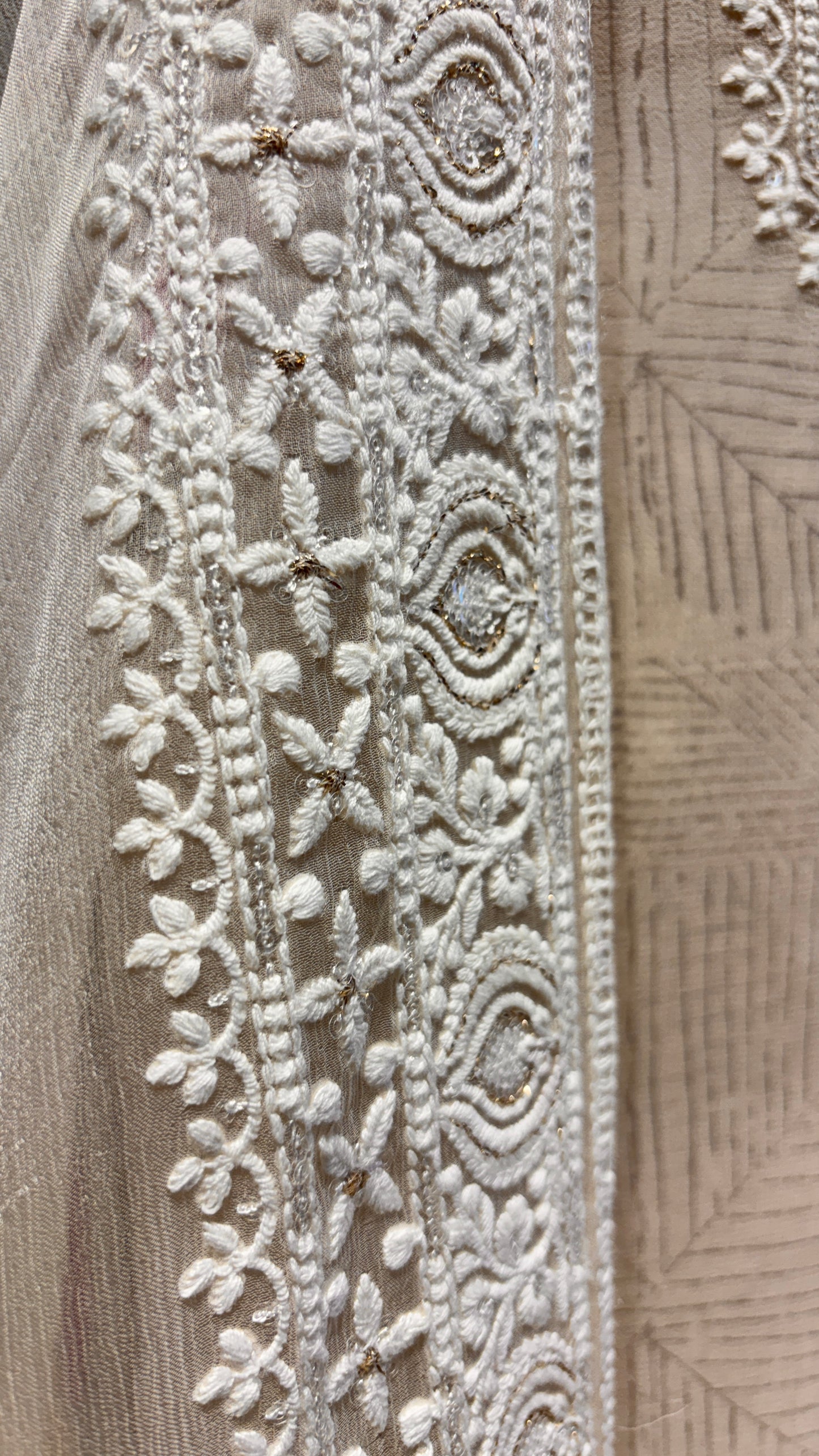 IVORY GEORGETTE SELF-RESHAM EMBROIDERED UNSTITCHED SUIT WITH PINK LOTUS PRINT