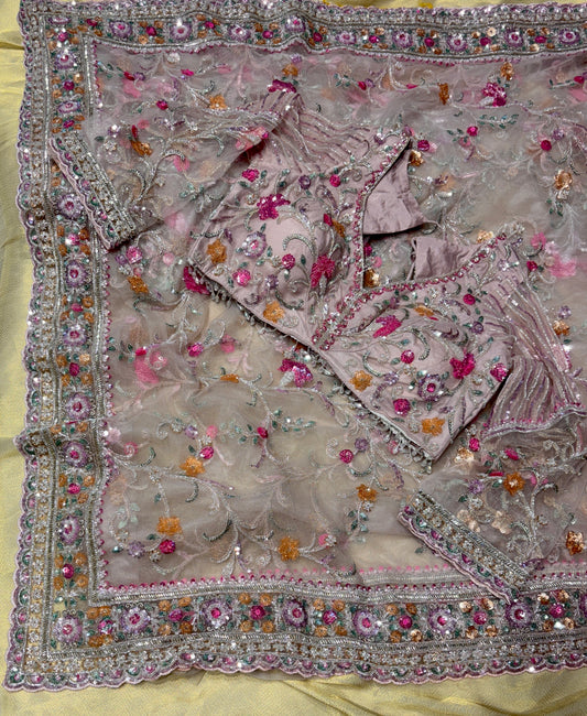 PINK NET SAREE WITH SEQUINS EMBROIDERY AND READYMADE BLOUSE