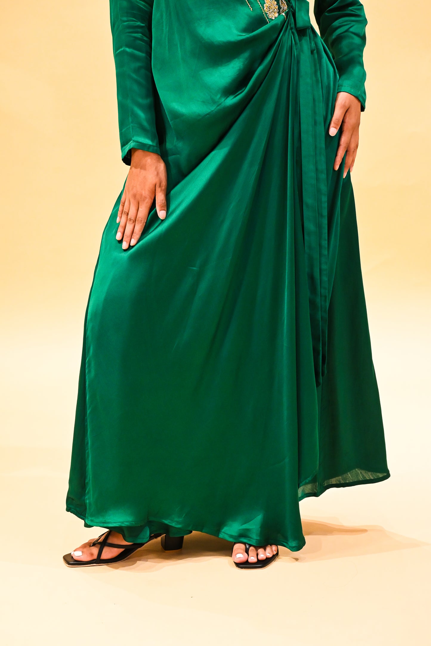 EMERALD GREEN SATIN DRESS WITH ZARDOZI EMBROIDERY