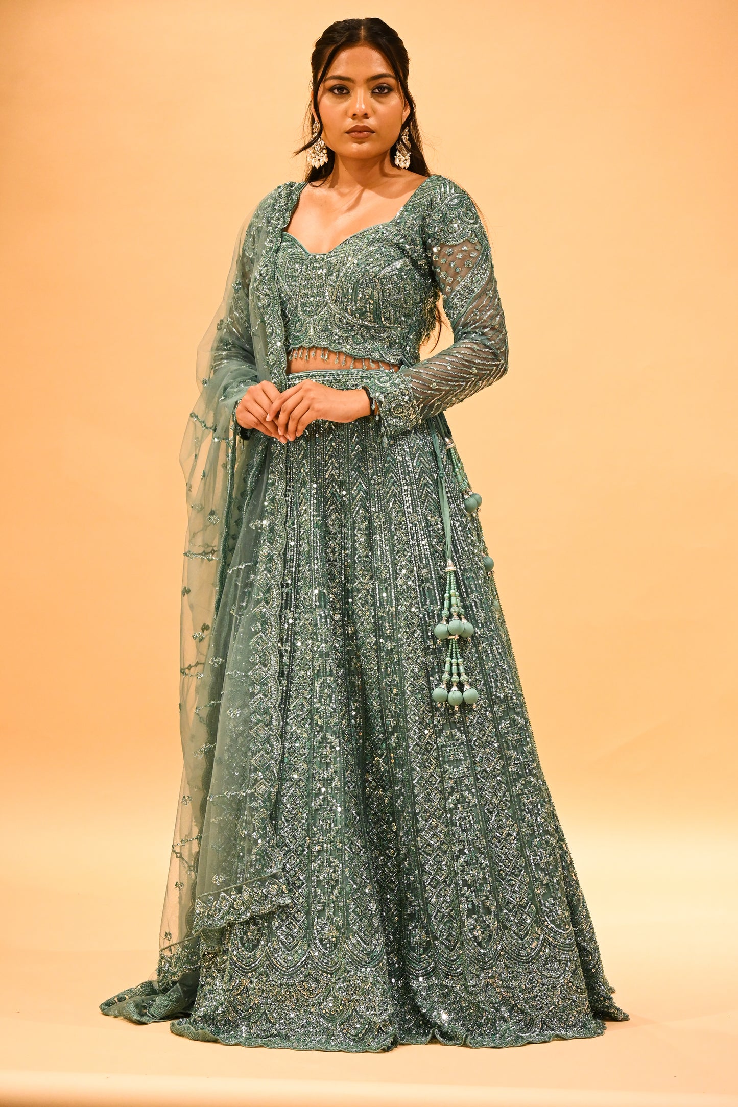 TEAL GREEN SEQUIN EMBROIDERED READY-TO-WEAR LEHENGA WITH CROP TOP & DUPATTA
