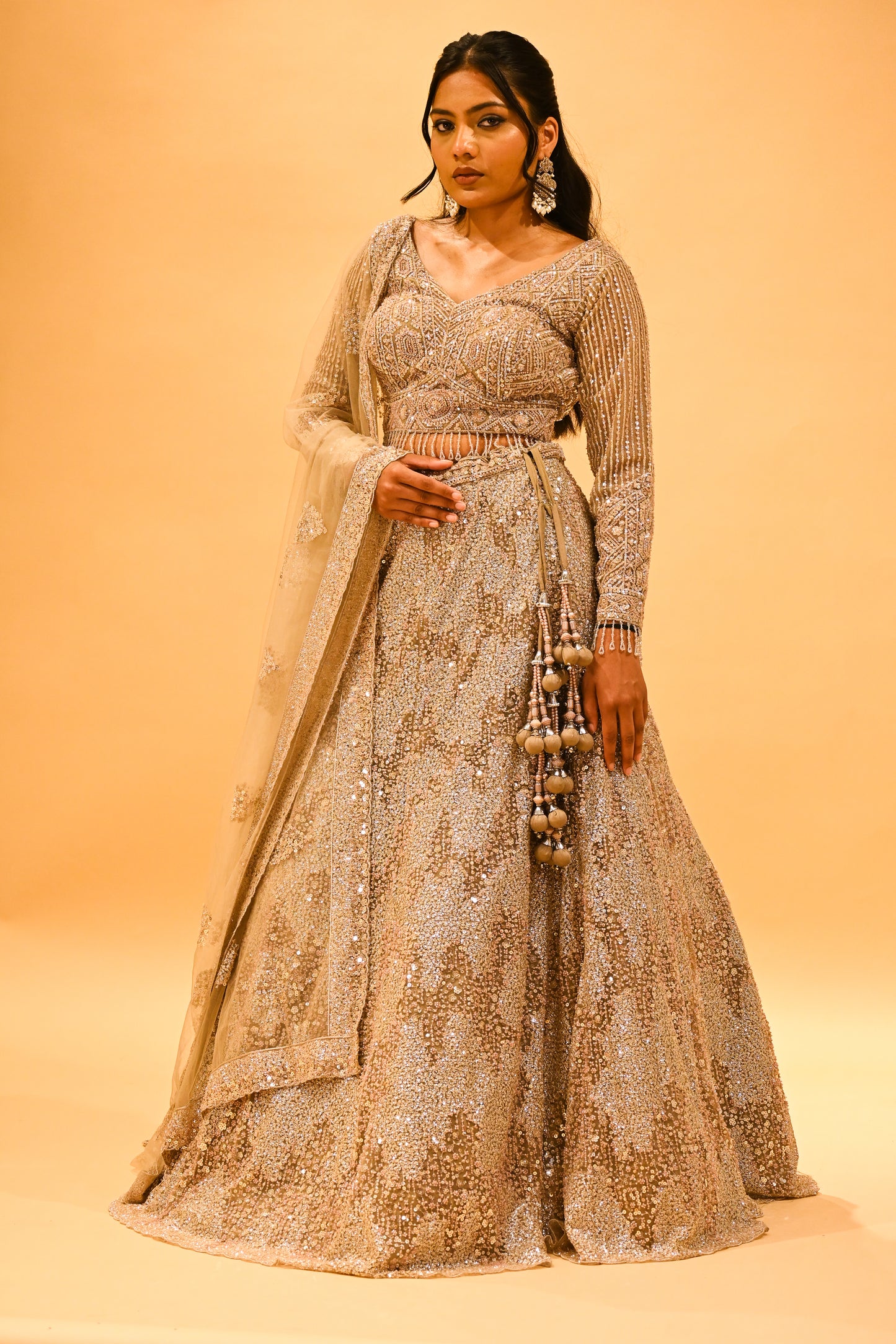 SEQUINS-SHADED LEHENGA WITH CROP TOP BLOUSE & NET EMBROIDERED DUPATTA