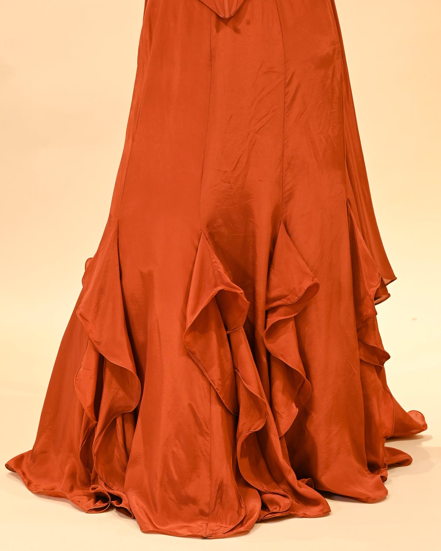 RUST-ORANGE EMBROIDERED CORSET TOP & FISH-CUT RUFFLED SKIRT SET