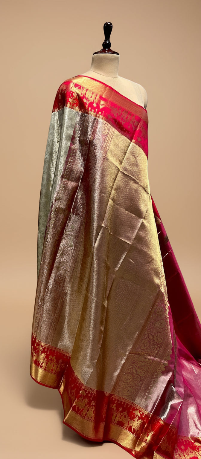 IVORY AND CRIMSON RED PURE KANJIVARAM SILK SAREE