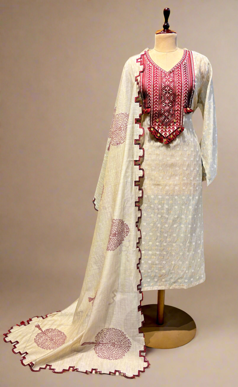 BEIGE JAMDANI DHAKAI COTTON UNSTITCHED SUIT EMBELLISHED WITH RED RESHAM EMBROIDERY, TASSELS ON KURTA & SCALLOP BORDER PRINTED DUPATTA