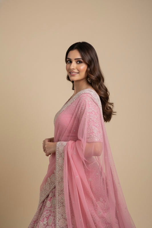 VIBRANT PINK NET LEHENGA WITH IVORY ORGANZA APPLIQUÉ WORK ACCENTED WITH PEARLS, BEADS & MIRRORS