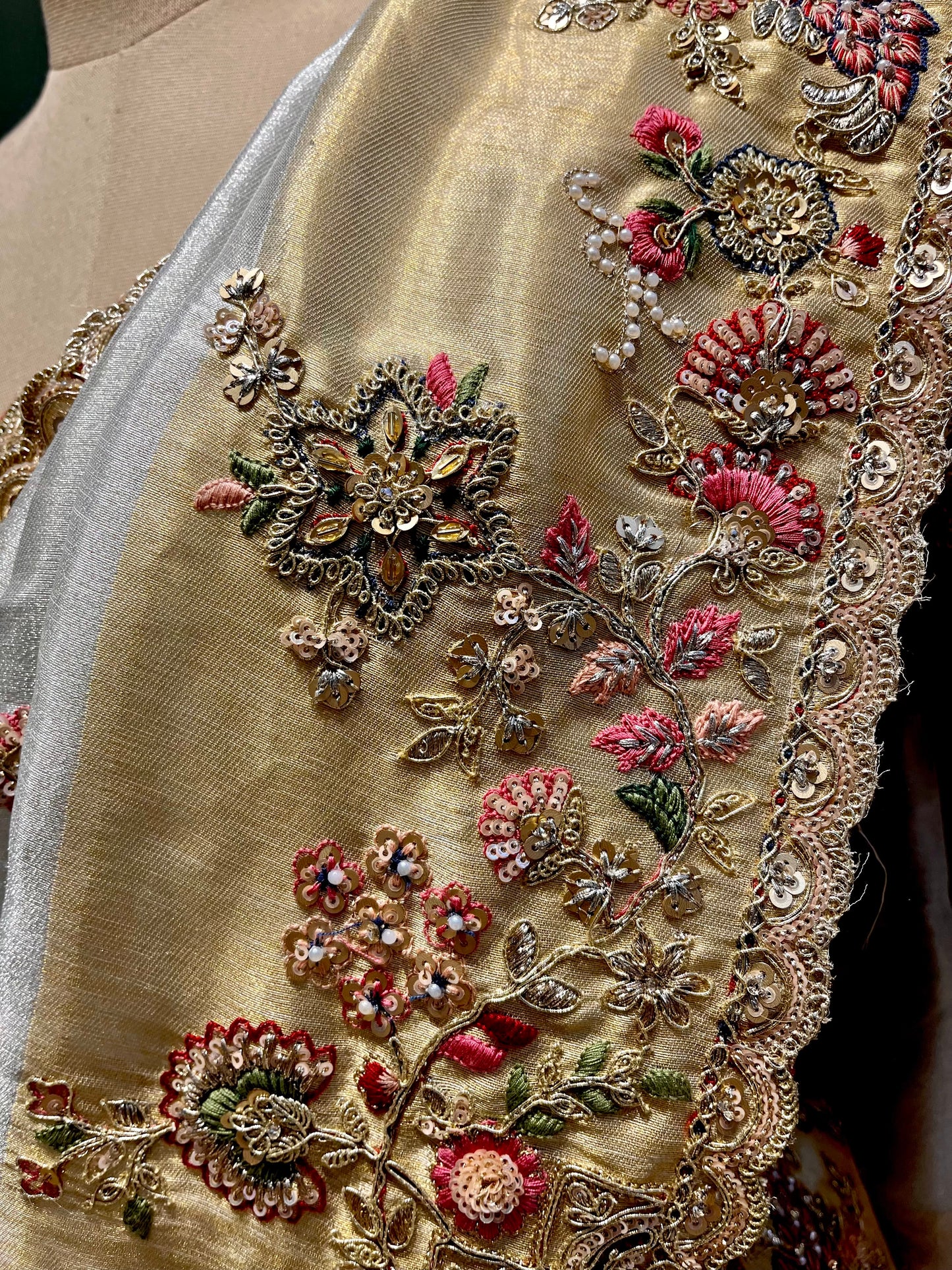 IVORY & GOLD COLOUR TISSUE SAREE WITH KASAB & RESHAM EMBROIDERY, PAIRED WITH A READYMADE BLOUSE