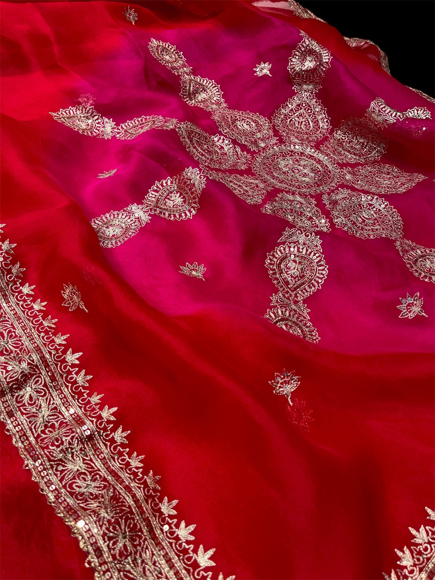 SHADED ORGANZA SAREE EMBELLISHED WITH AARI & SEQUIN WORK, PAIRED WITH A READYMADE BLOUSE