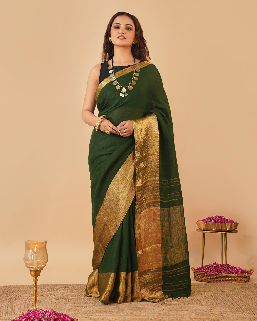 BOTTLE GREEN HANDWOVEN LINEN SAREE WITH GOLDEN DRILL WEAVE SKIRT BORDER