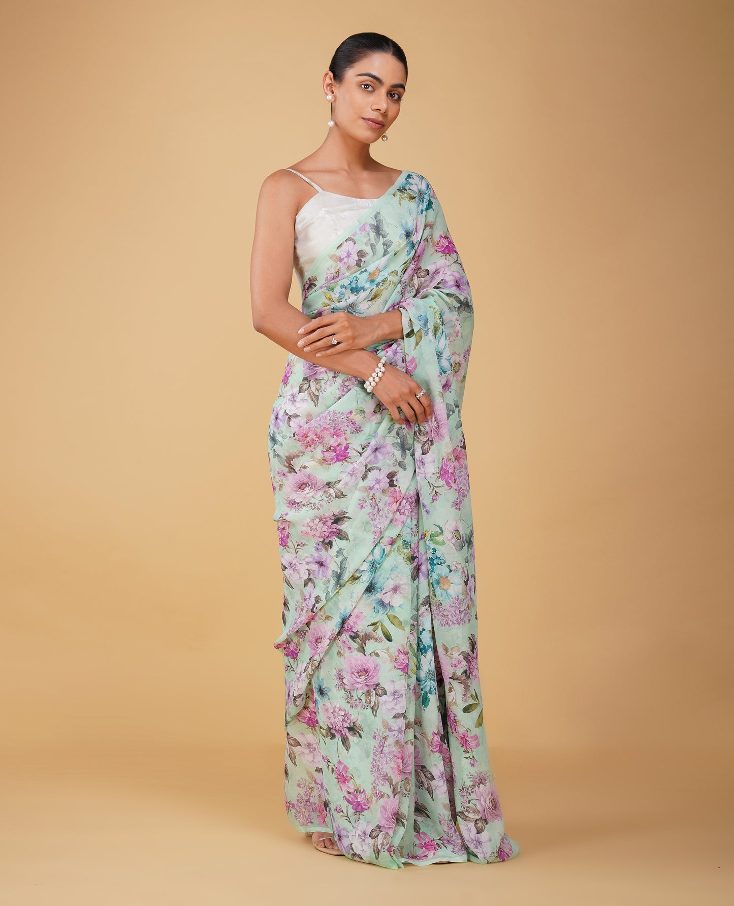SEA FOAM GREEN PURE PLATINUM CHIFFON SAREE