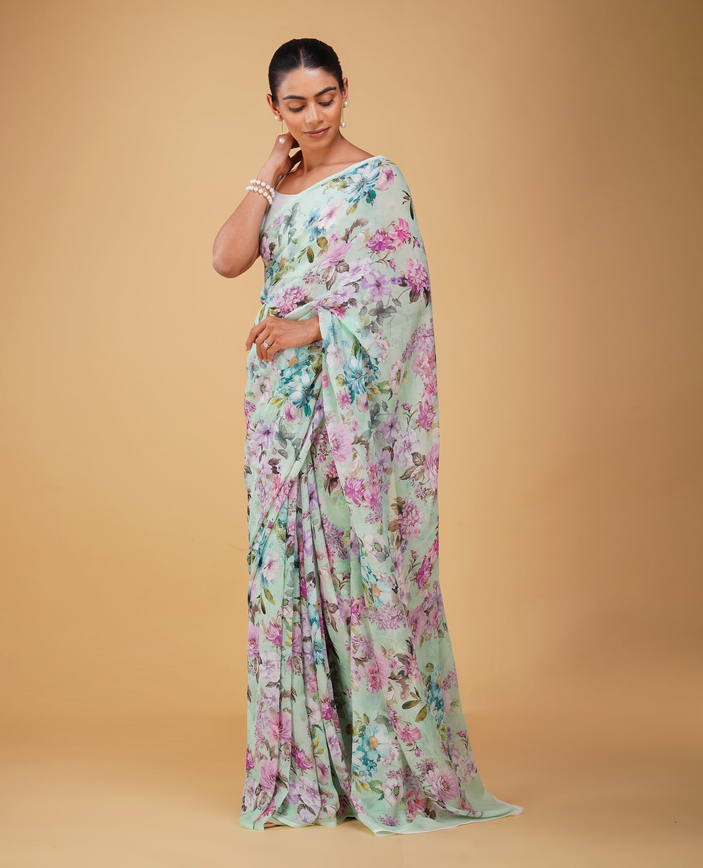 SEA FOAM GREEN PURE PLATINUM CHIFFON SAREE