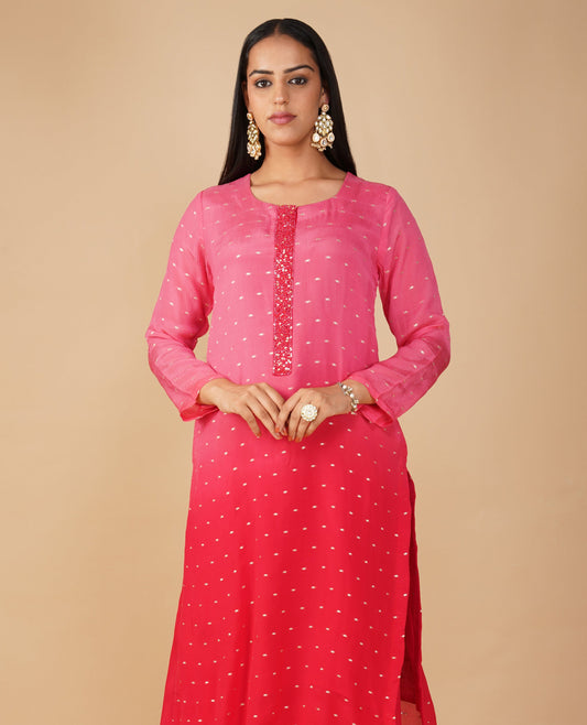 (DELIVERY TIME 20 DAYS) RED-SHADED CHINON SUIT WITH ZARI WEAVE MOTIFS, SEQUIN EMBROIDERY, PALAZZO & DUPATTA