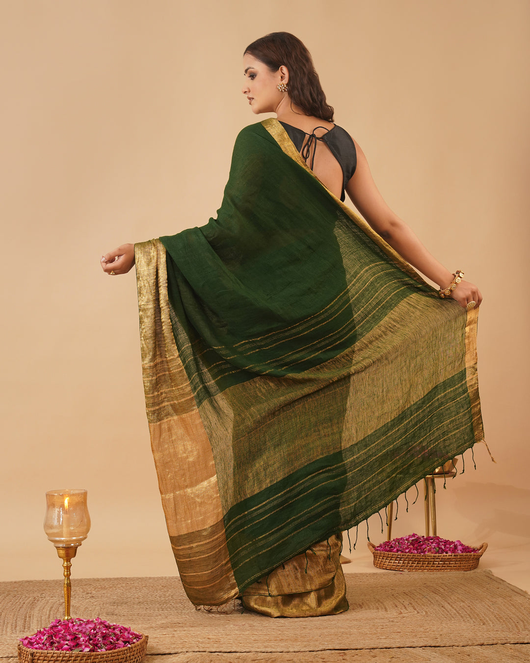 BOTTLE GREEN HANDWOVEN LINEN SAREE WITH GOLDEN DRILL WEAVE SKIRT BORDER
