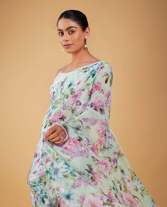 SEA FOAM GREEN PURE PLATINUM CHIFFON SAREE