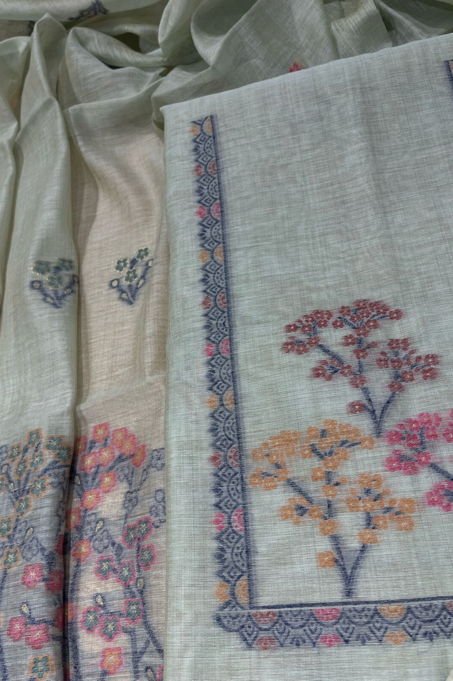 SOFT SAGE GREEN COLOR BEIGE TANT DHAKAI JAMDANI SUIT SET (3-Piece)
