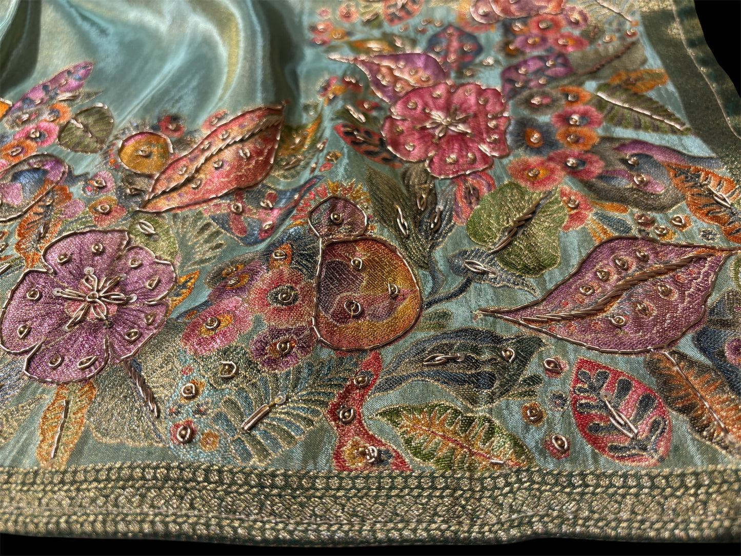 SEA GREEN TISSUE SAREE WITH RANGKAT ZARDOZI BORDER