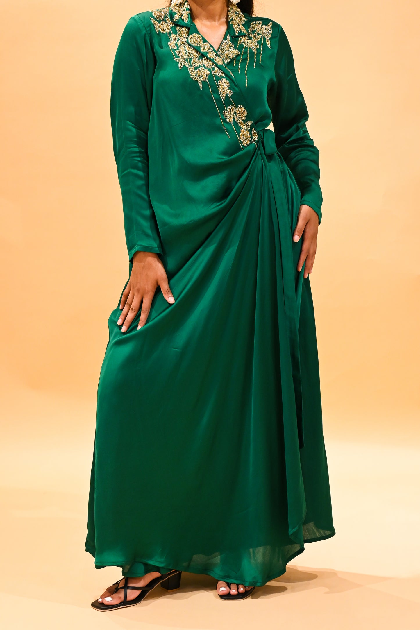 EMERALD GREEN SATIN DRESS WITH ZARDOZI EMBROIDERY