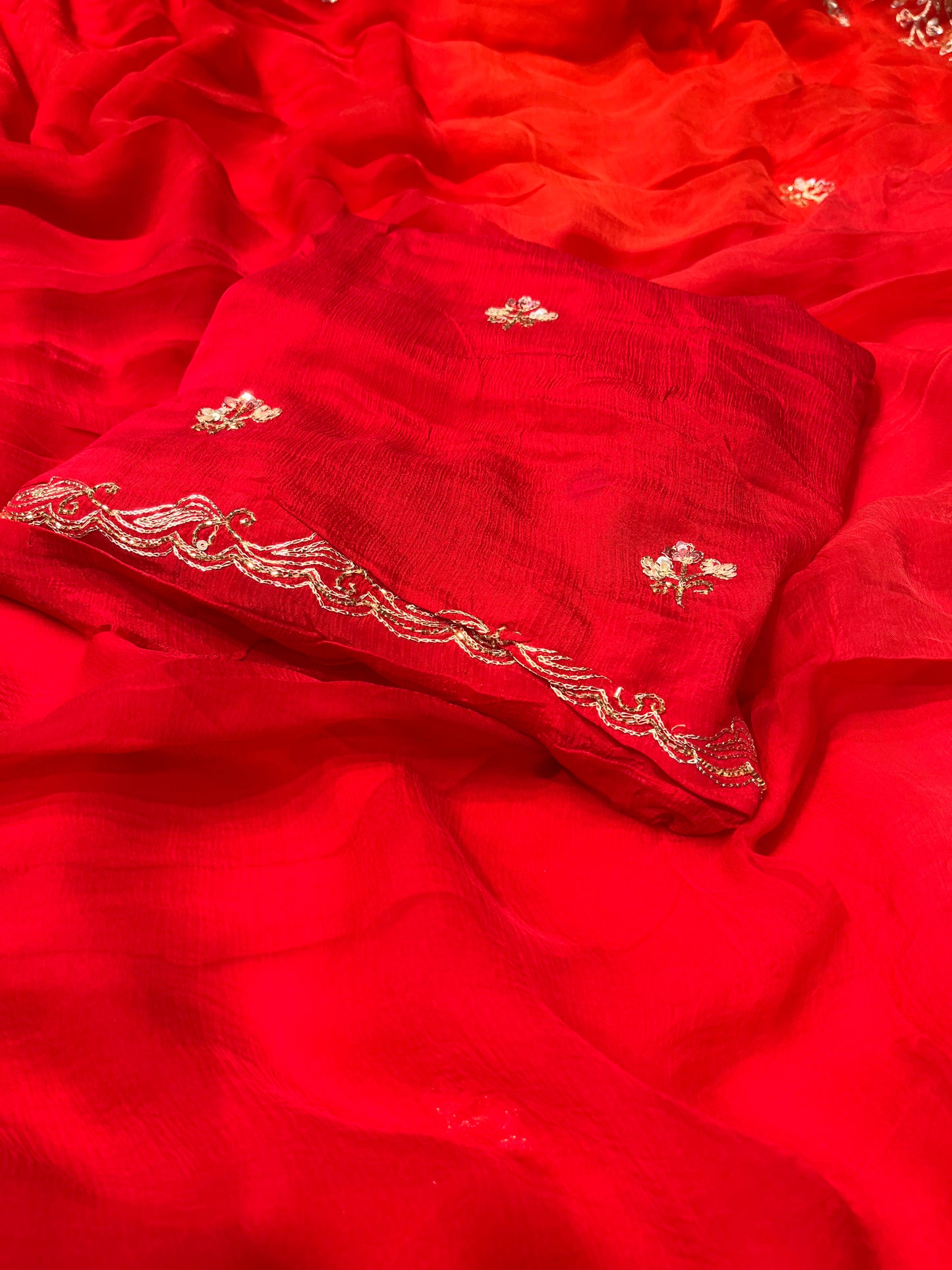 RED PURE CHIFFON EMBROIDERED SAREE WITH SEQUINS & CUTDANA WORK - Kothari Sons