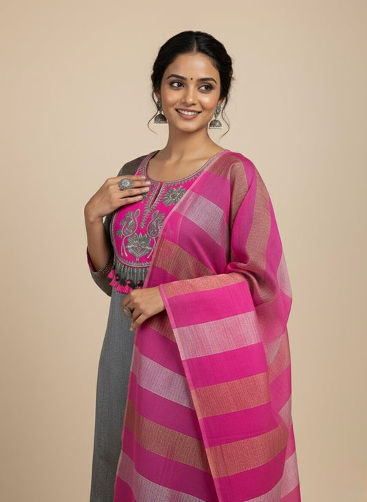GREY & FUCHSIA PINK CHANDERI TISSUE SUIT EMBELLISHED WITH ZARDOZI WORK, PAIRED WITH A CRUSHED STRIPE DUPATTA