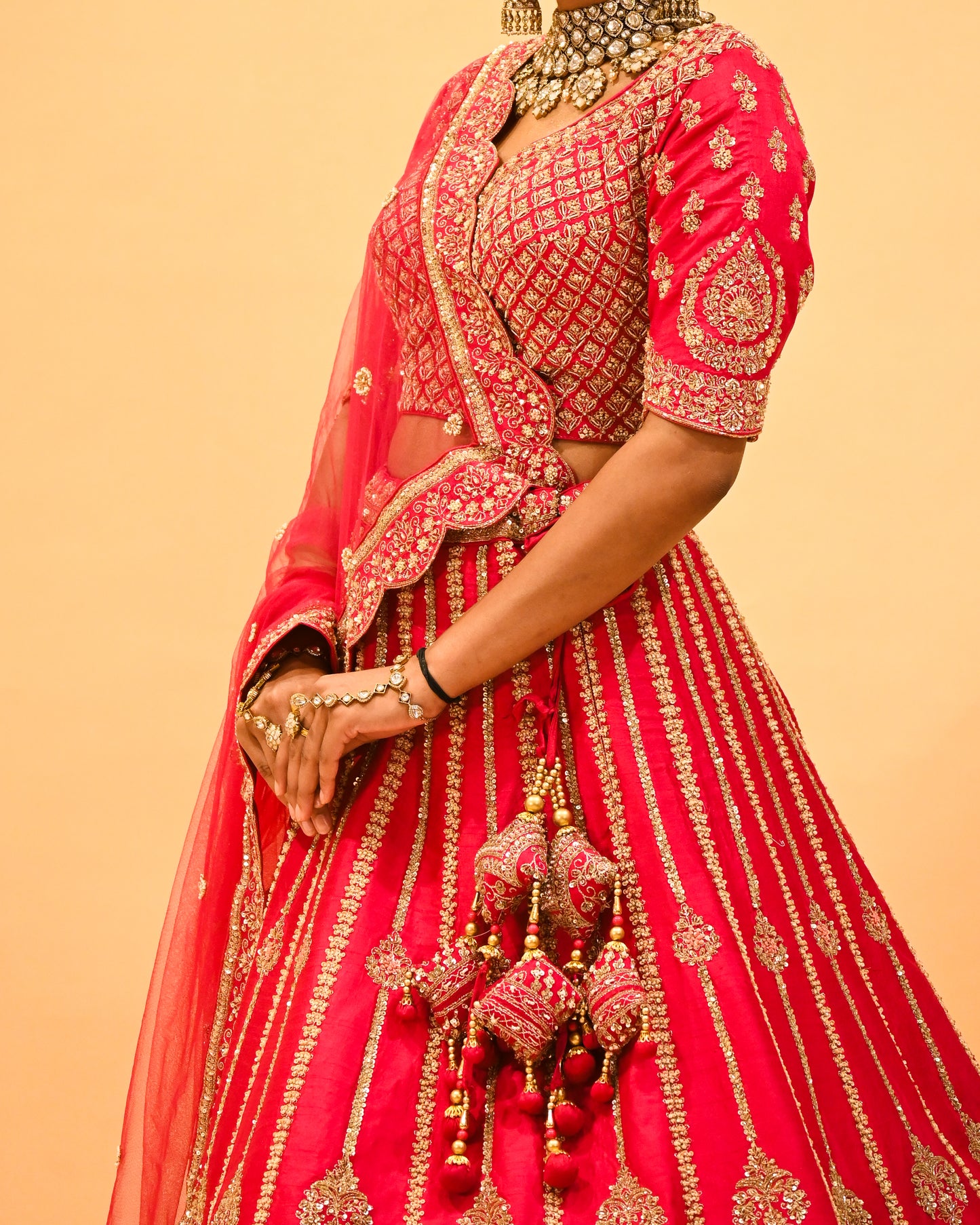RANI HAND-EMBROIDERED BRIDAL LEHENGA WITH READYMADE BLOUSE, NET DUPATTA & EMBROIDERED TASSELS