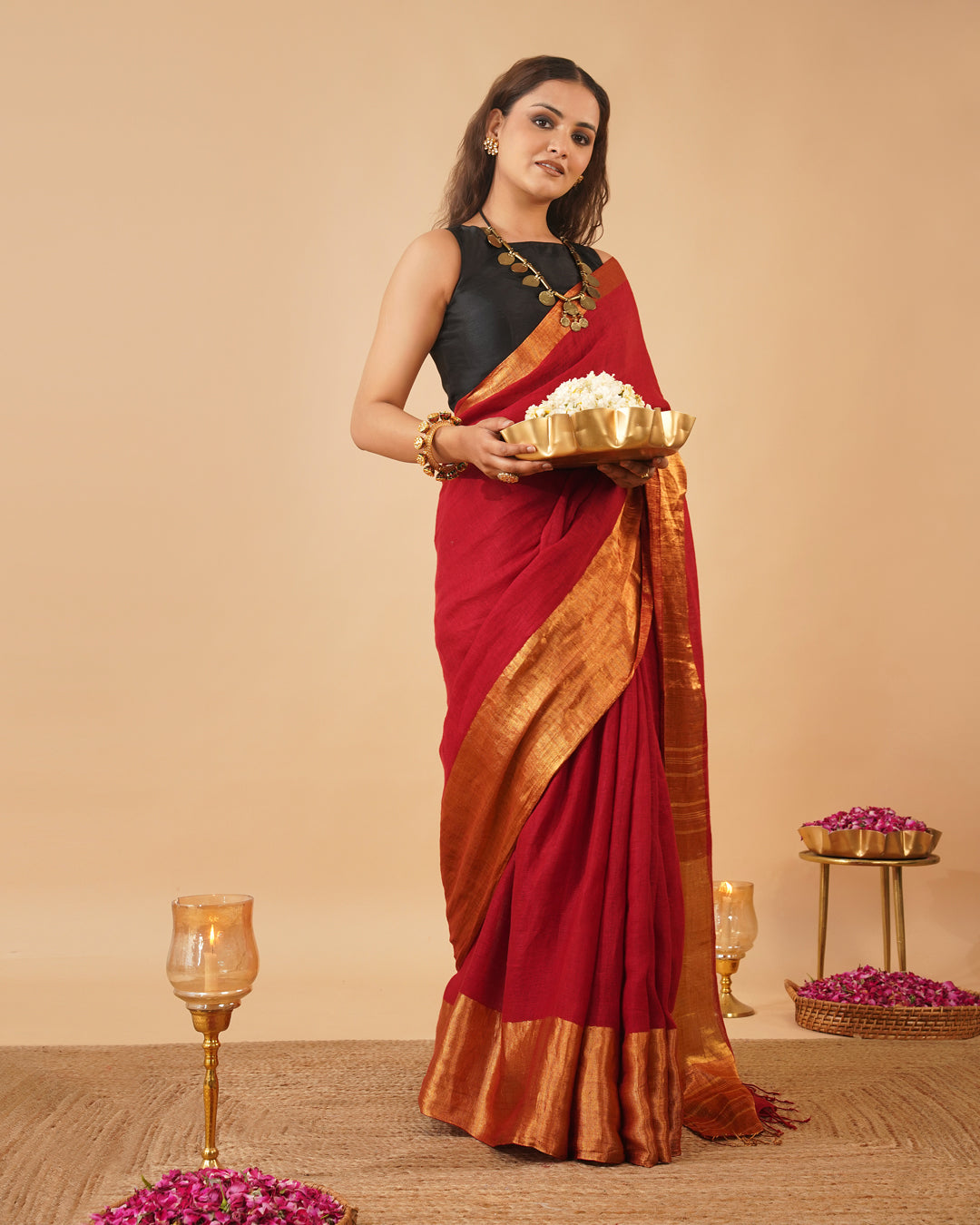 RED HANDWOVEN LINEN SAREE WITH GOLDEN DRILL WEAVE SKIRT BORDER