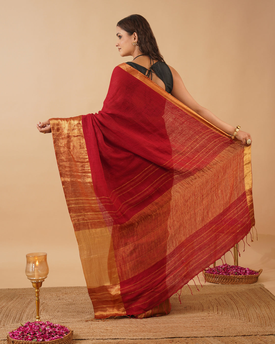 RED HANDWOVEN LINEN SAREE WITH GOLDEN DRILL WEAVE SKIRT BORDER
