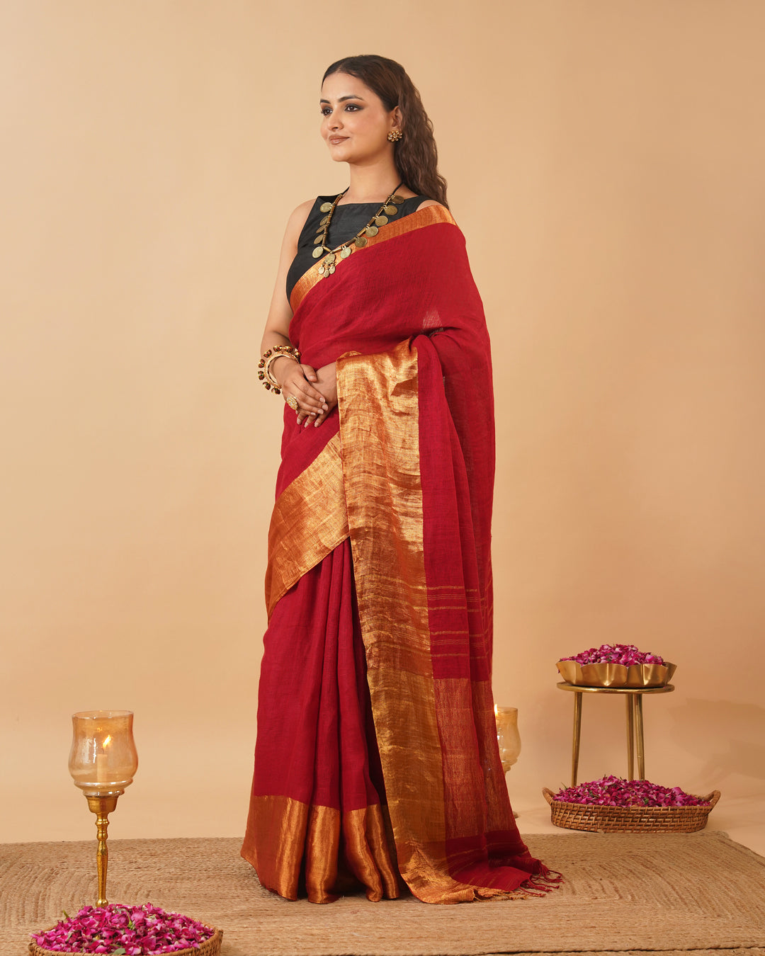 RED HANDWOVEN LINEN SAREE WITH GOLDEN DRILL WEAVE SKIRT BORDER