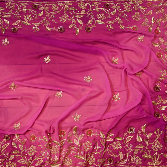 (DELIVERY IN 30 DAYS) MAGENTA COLOUR PURE PLATINUM CHIFFON SAREE WITH AARI & ZARODOZI WORK BORDER