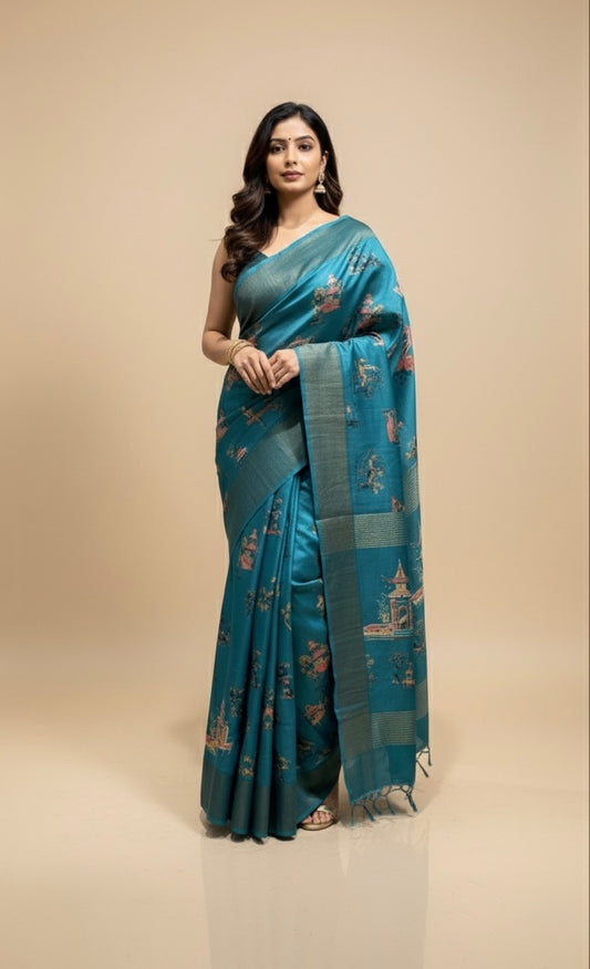 SEA BLUE COLOUR PURE TUSSAR SILK PRINTED SAREE WITH ZARI BORDER