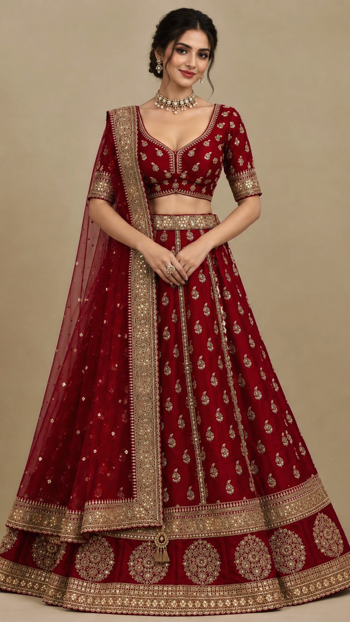 MAROON COLOUR RAW SILK BRIDAL HAND EMBROIDERED LEGENGA WITH READYMADE BLOUSE & NET DUPATTA EMBELLISHED WITH AARI, ZARDOZI & SEQUINS WORK