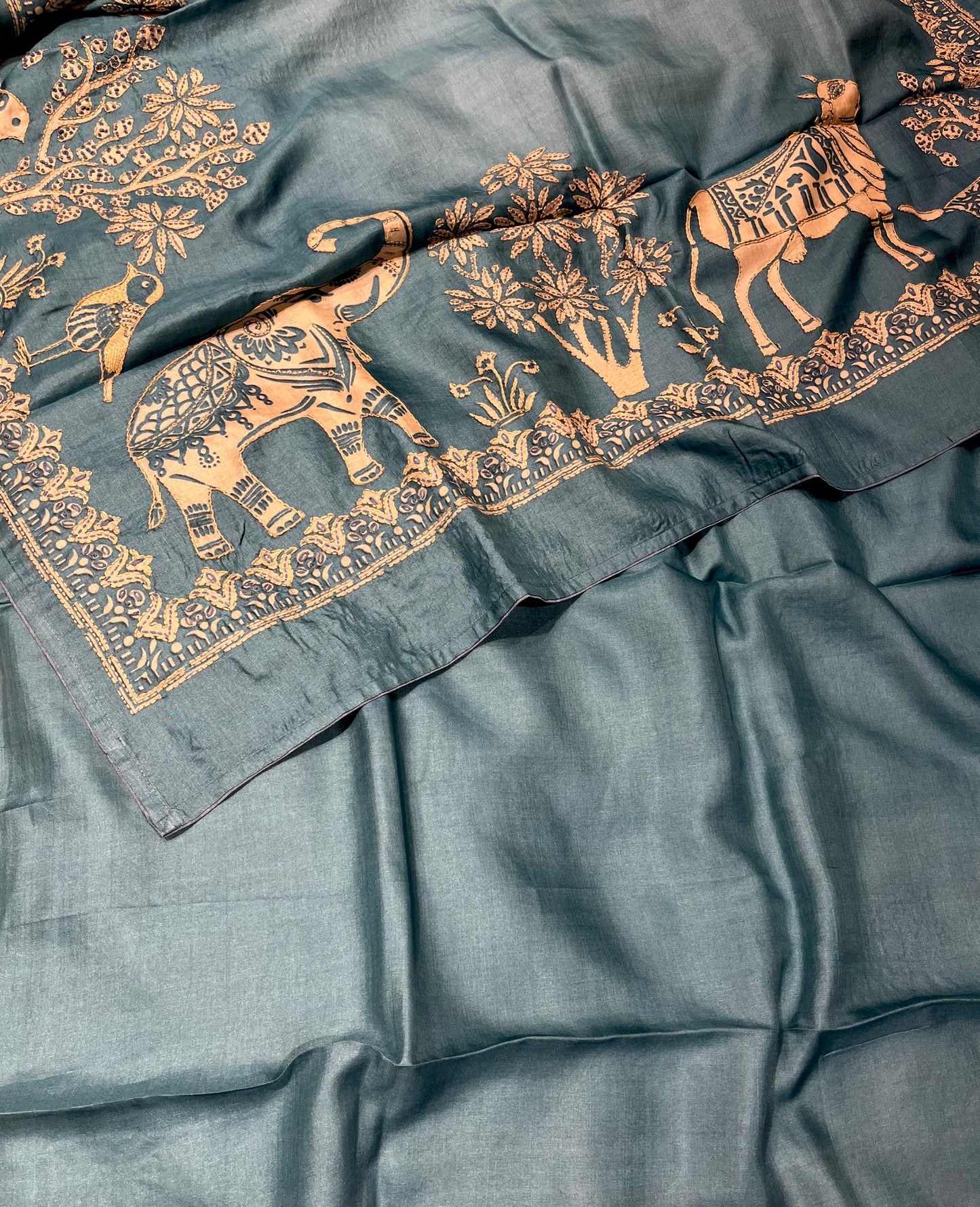 SMOKY TEAL BLUE PURE TUSSAR SILK SAREE EMBELLISHED WITH KANTHA EMBROIDERY