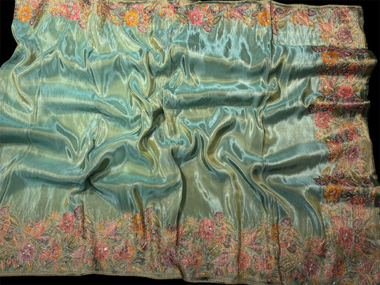 SEA GREEN TISSUE SAREE WITH RANGKAT ZARDOZI BORDER
