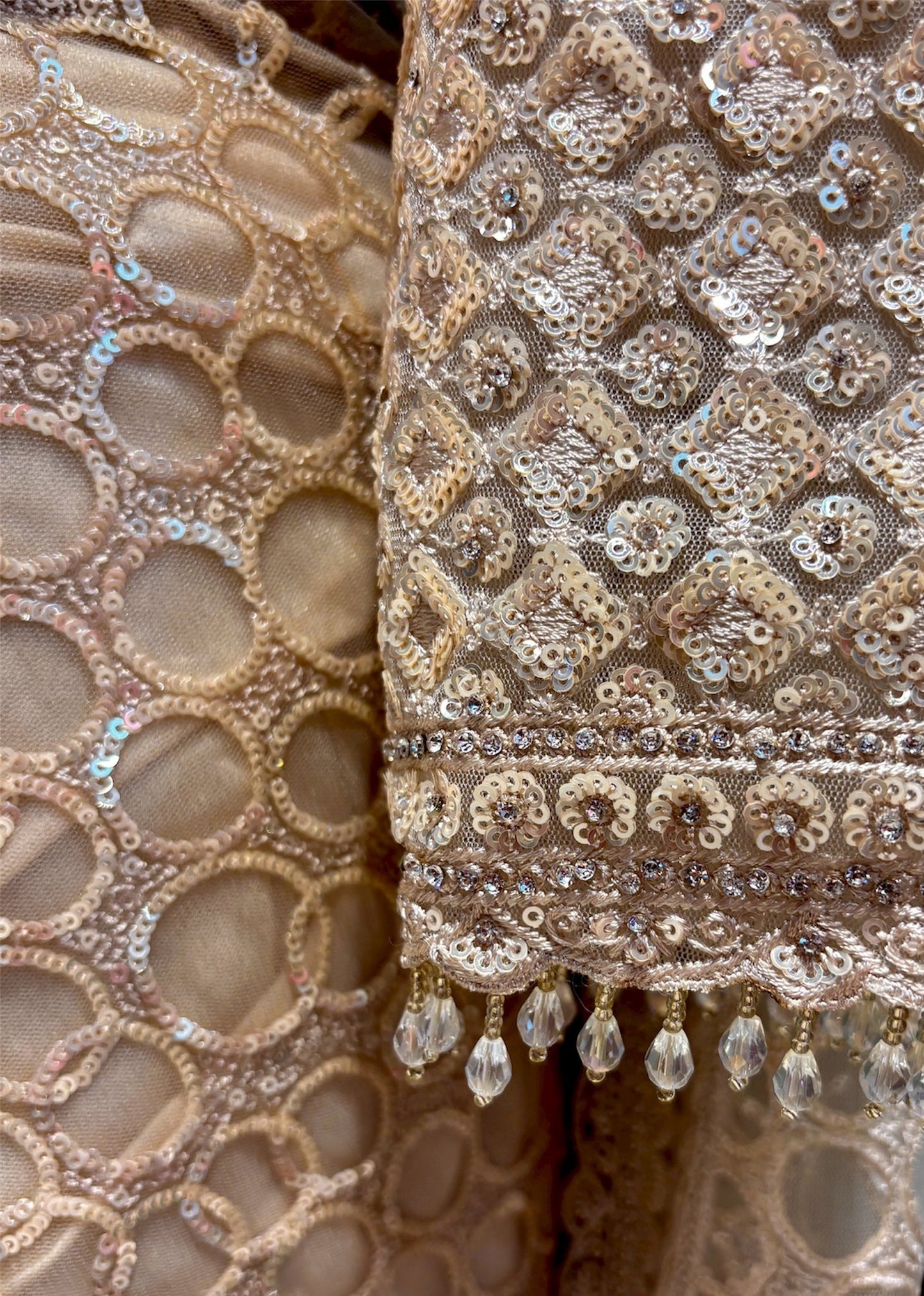 CHAMPAGNE BEIGE COLOUR NET SAREE WITH SEQUIN EMBROIDERY AND READYMADE BLOUSE